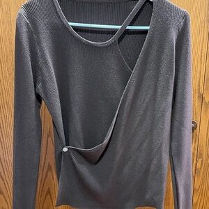 Brown Asymmetrical Ribbed Long Sleeve Top
